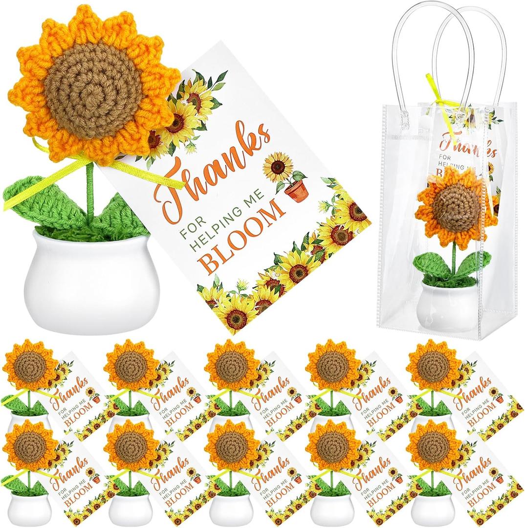 12 Sets Crochet Sunflower Potted Teacher Appreciation Gifts Back to School Gifts for Teacher Appreciation Gift Bulk Sunflower Crochet Dolls with Cards for Thank You Teachers Gift