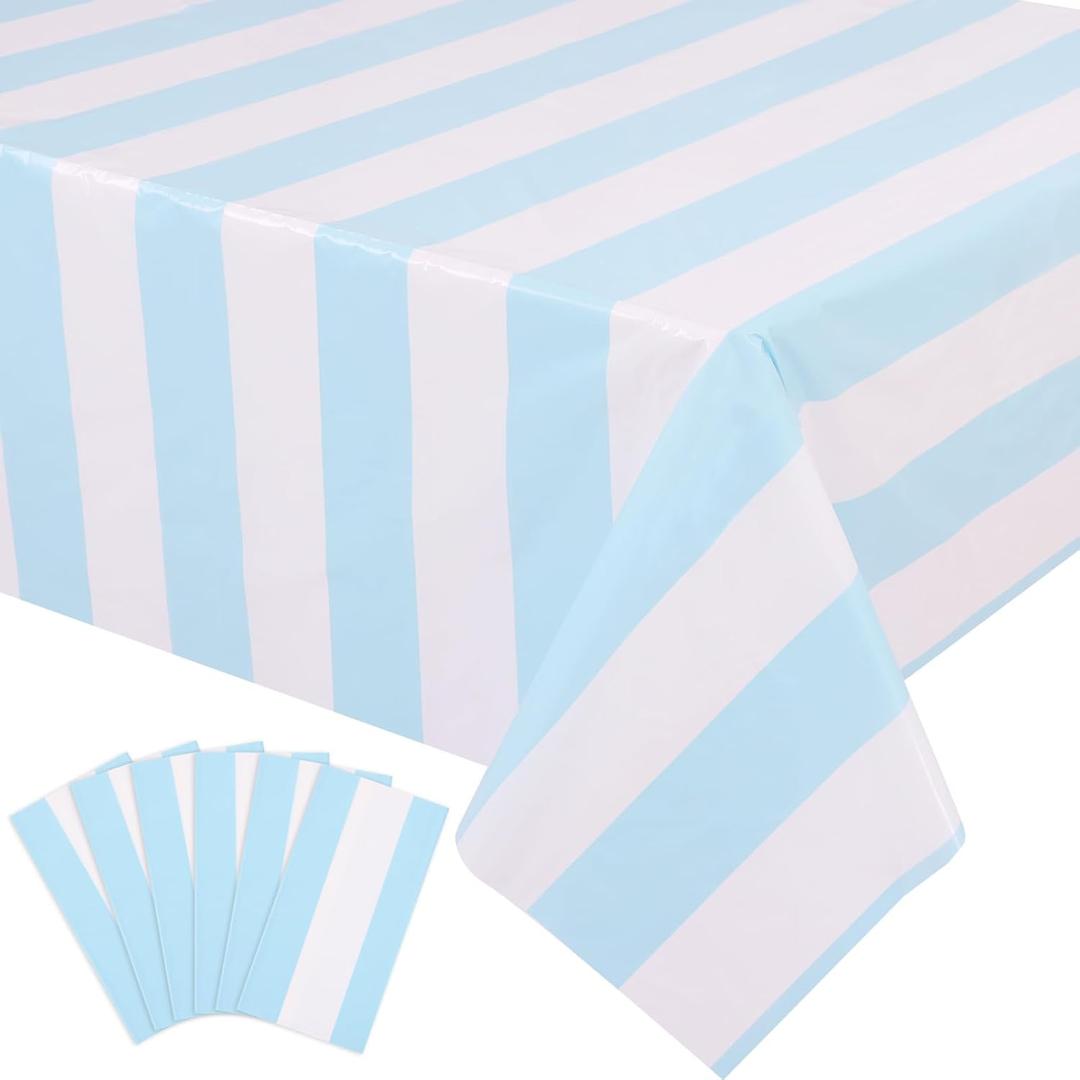 Kesfey 6 Packs Light Blue and White Striped Table Cloth 54 x 108 Inches Bluey Stripe Table Cover Disposable Plastic Beach Tablecloths Waterproof Rectangle Picnic Tablecover for Pool Birthday Party