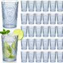 Plastic Vintage Drinking Glasses - 16 oz Stemless Ribbed Highball Glasses Bulk Embossed Reusable Cups for Water Beer Cocktails Juice Wedding Bridal Shower Birthday Event Party(Blue,48 Pcs), 3.1 inch /8 cm x 5.1 inch / 13 cm
