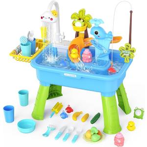 GGRH 2026 Upgraded Water Table for Toddlers 13  Outdoor Toys for Kids Ages 48 with Pump, Summer Outside Sensory Activity Pool Toys, Kitchen Play Sink Toy with Running Water, Fishing Toy, Blue