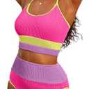 Herseas Womens High Waisted Bikini Set Color Block Ribbed Crop Top Sporty Swimsuits Tummy Control Two Piece Bathing Suits Rose Colorblock XX-Large