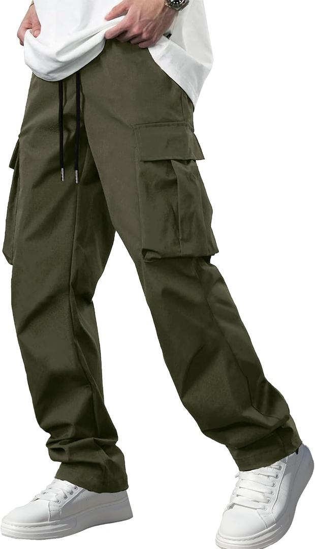 Comdecevis Men's Casual Cargo Pants Workout Joggers Stretch Sweatpants Hiking Drawstring Tactical Pants with Multi Pockets (Large, Army Green)