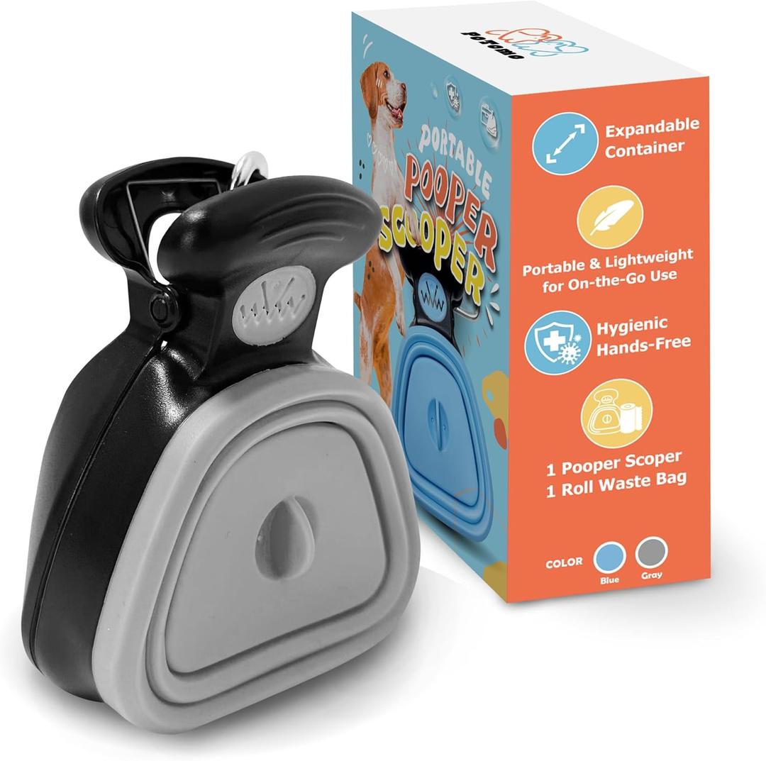 Dog Pooper Scooper  Hands-Free Poop Scooper with Bag Attachment, One-Handed Operation & Built-in Dispenser  Portable Clip-On Pooper Scooper for Small & Medium Dogs (Gray)