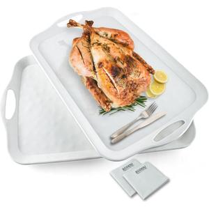 Extra Large Serving Tray with Handles, 20x13 inch, Set of 2 Melamine Platters for Serving Food, Turkey, Cookie, Rectangular Trays for Eating, Raised Dots Matt Finished, Dishwasher Safe, White