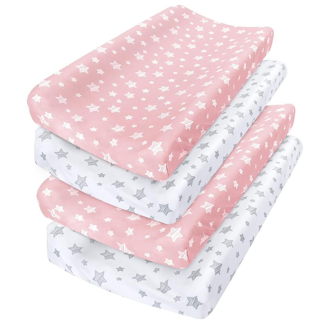 Changing Pad Cover for Girls 4 Pack, Lovely Print Soft Unisex Diaper Change Table Sheets, Fit 32"x16" Contoured Pad, Comfy Cozy 4-Pack Cradle Sheets (White&pink (Pack of 4))