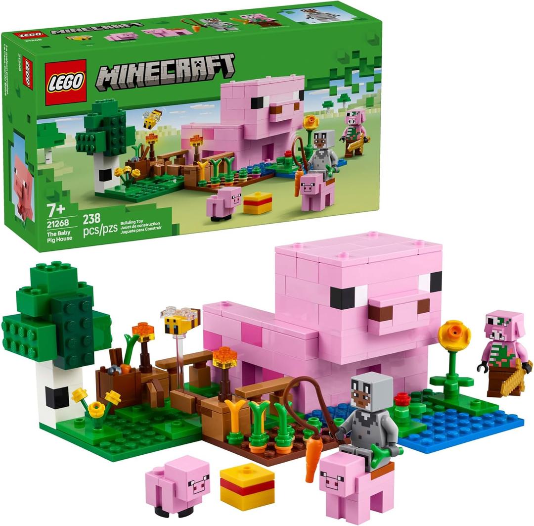 LEGO Minecraft The Baby Pig House Toy Figures and Playset - Building Minecraft Toy for Kids, Boys and Girls, Ages 7+ - Gift for Birthdays - with 2 Minifigures for Pretend Play - 21268