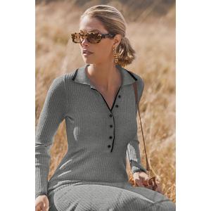 MEROKEETY Women's Long Sleeve V Neck Sweater Dress Button Ribbed Knit Slim Fit Elegant Maxi Dresses Large, Gray 