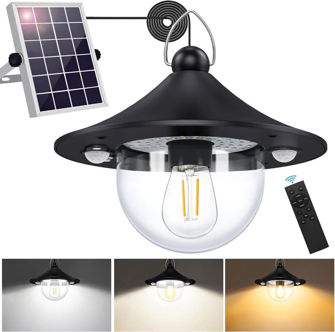 Solar Shed Light Outdoor Indoor 3000LM Solar Lights Daytime with Remote Control, Double Motion Sensor & 5 Lighting Modes, Solar Indoor Lights for Gazebo, Shed, Garage, Barn (Black)