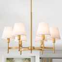 QMNHAU 27'' Farmhouse Gold Chandeliers for Dining Room Light Fixtures, 6Light Modern White Fabric Pendant Light Fixture Adjustable Industrial Chandeliers for Living Room Kitchen Entryway Foyer