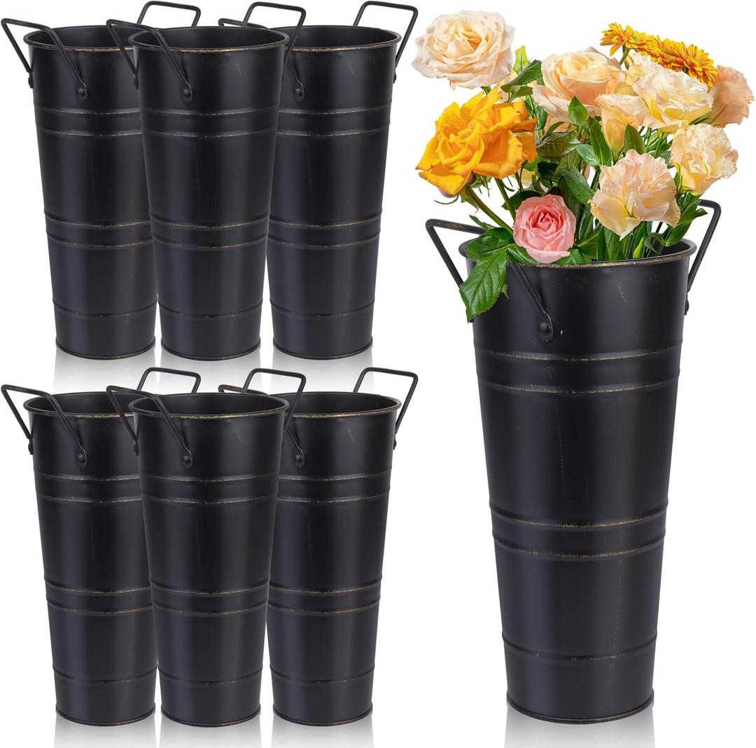 6 Pcs Galvanized Bucket Flower Bar, 10 Inch Metal Vase with Handles, Farmhouse Vases for Wedding and Cut Flower, Balcony Garden (Black)