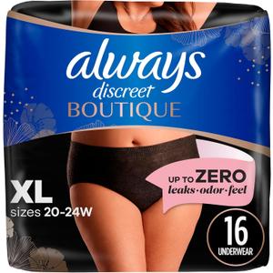 Always Discreet Boutique Incontinence and Postpartum Underwear for Women, Maximum Protection, XL, Black, 16 Count