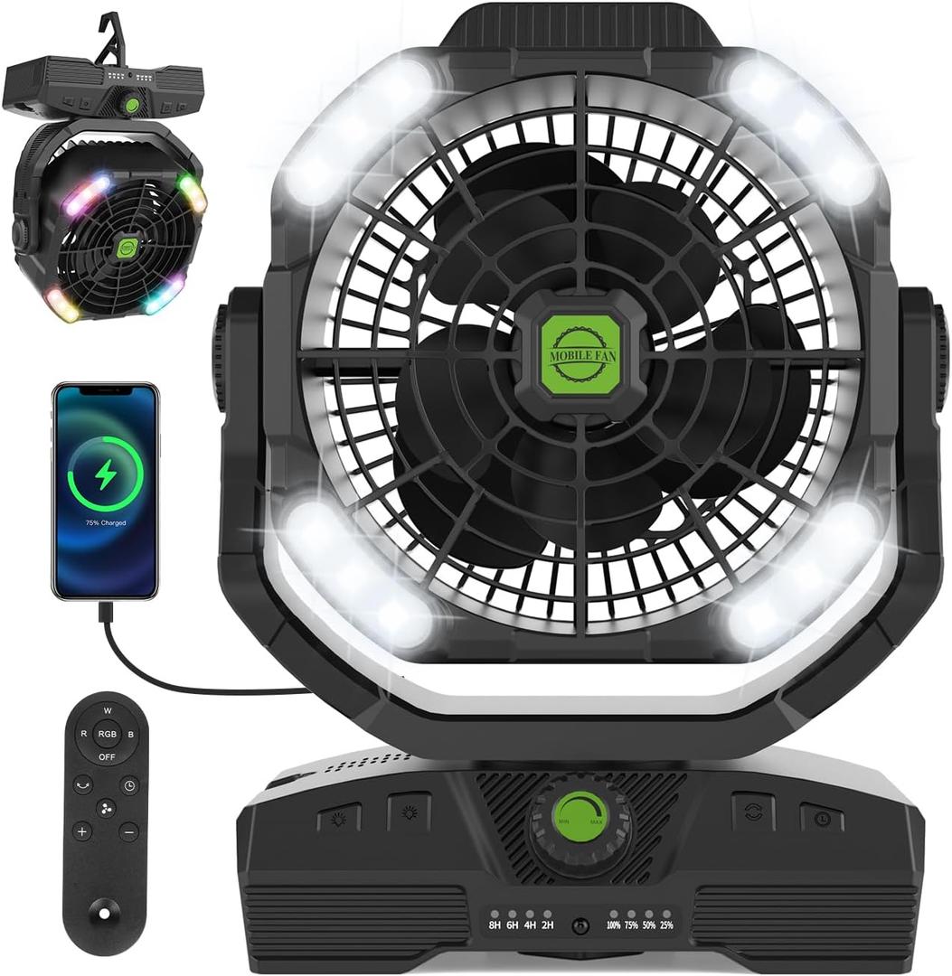 RUNTOP 20000mAh Camping Fan, Oscillating High Speed Rechargeable Battery Operated Fan w/RGB Light,Remote,Hanging Hook, Outdoor Portable Fans Battery Powered Personal USB Desk Fan for Tent, Travel (Black)