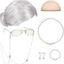 Gejoy 7 Pcs Old Lady Wig Costume Set Grandma Hair Cap Glasses Chain Pearl Necklace for Halloween Props Cosplay