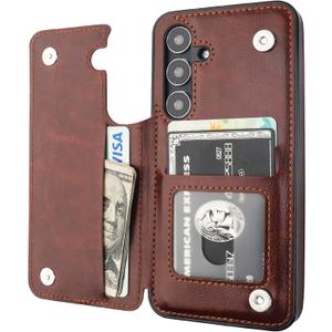 ONETOP Compatible with Samsung Galaxy S24 Wallet Case with Card Holder, PU Leather Kickstand Card Slots Case, Double Magnetic Clasp and Durable Shockproof Cover 5G 6.2 Inch(Brown)