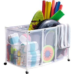 Pool Noodles Holder, Toys, Balls and Floats Equipment Mesh Rolling Storage Organizer Bin, Kids Height, Large, (25" L x 43" W x 28" H), White