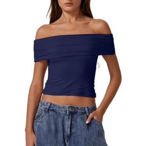 QINSEN Womens Off The Shoulder Tops Double Lined Short Sleeve T Shirts Slim Fitted Stretchy Crop Top (Blue, M)