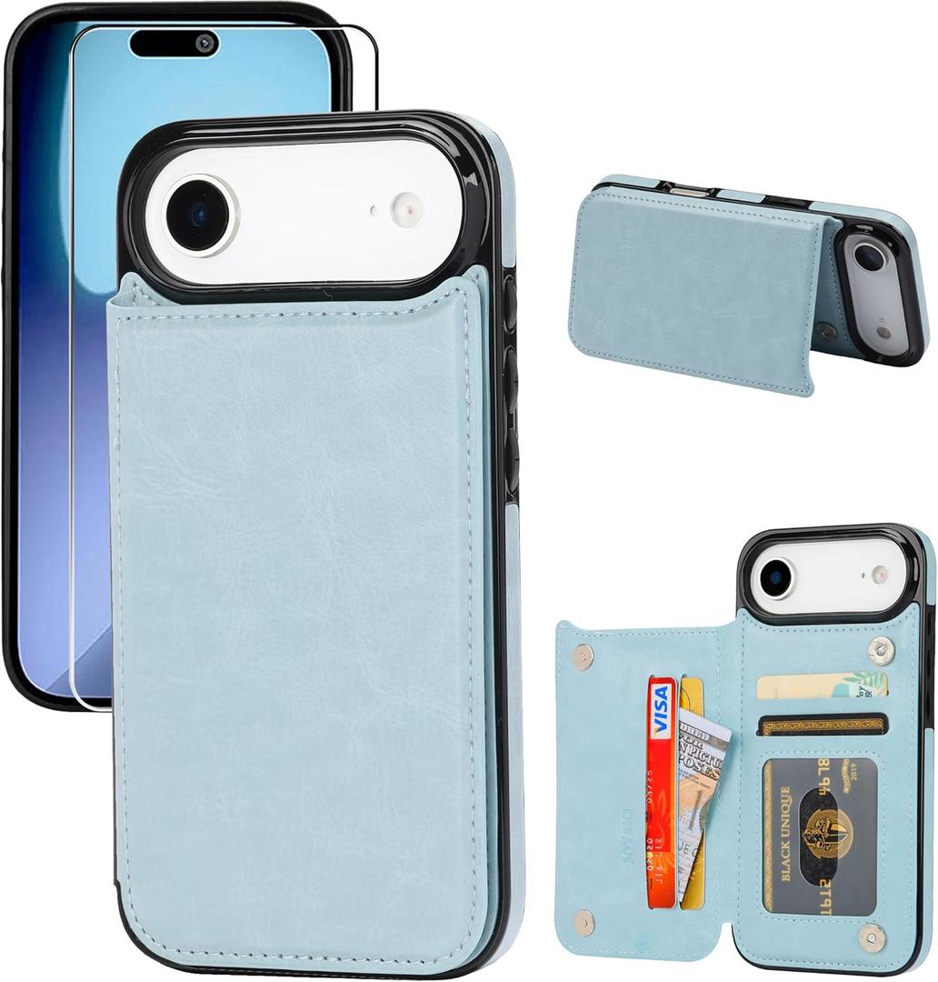 Compatible with iPhone 17 Air Wallet Case with Card Holder, PU Leather Kickstand Card Slots Case with Screen Protecor, Double Magnetic Clasp and Durable Shockproof Cover 6.6 "-Iceblue