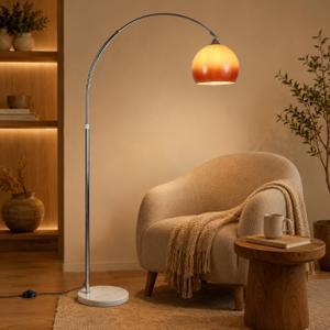 Modern Arc Floor Lamp with Orange Glass Shade, Mid Century Standing Lamp Gradient Glass Shade, Marble Base & Curved Metal Pole Floor Light for Living Room, Bedroom, Reading Corner and Home Decor, 23.6"D x 23.6"W x 74.8"H