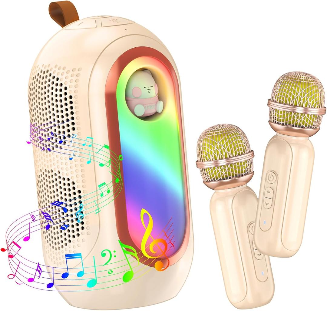 Mini Karaoke Machine for Kids & Adults with 2 Wireless Microphones Portable Karaoke Machine 2x5W Bluetooth Speaker Birthday Gift Toys Gifts for Kids Family Home Outdoor Party Cream