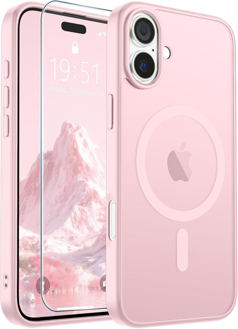 SUPFINE Magnetic for iPhone 16 Case with Screen Protector (Compatible with MagSafe) (Military Grade Drop Protection) Translucent Matte Shockproof Phone Cover,Light Pink