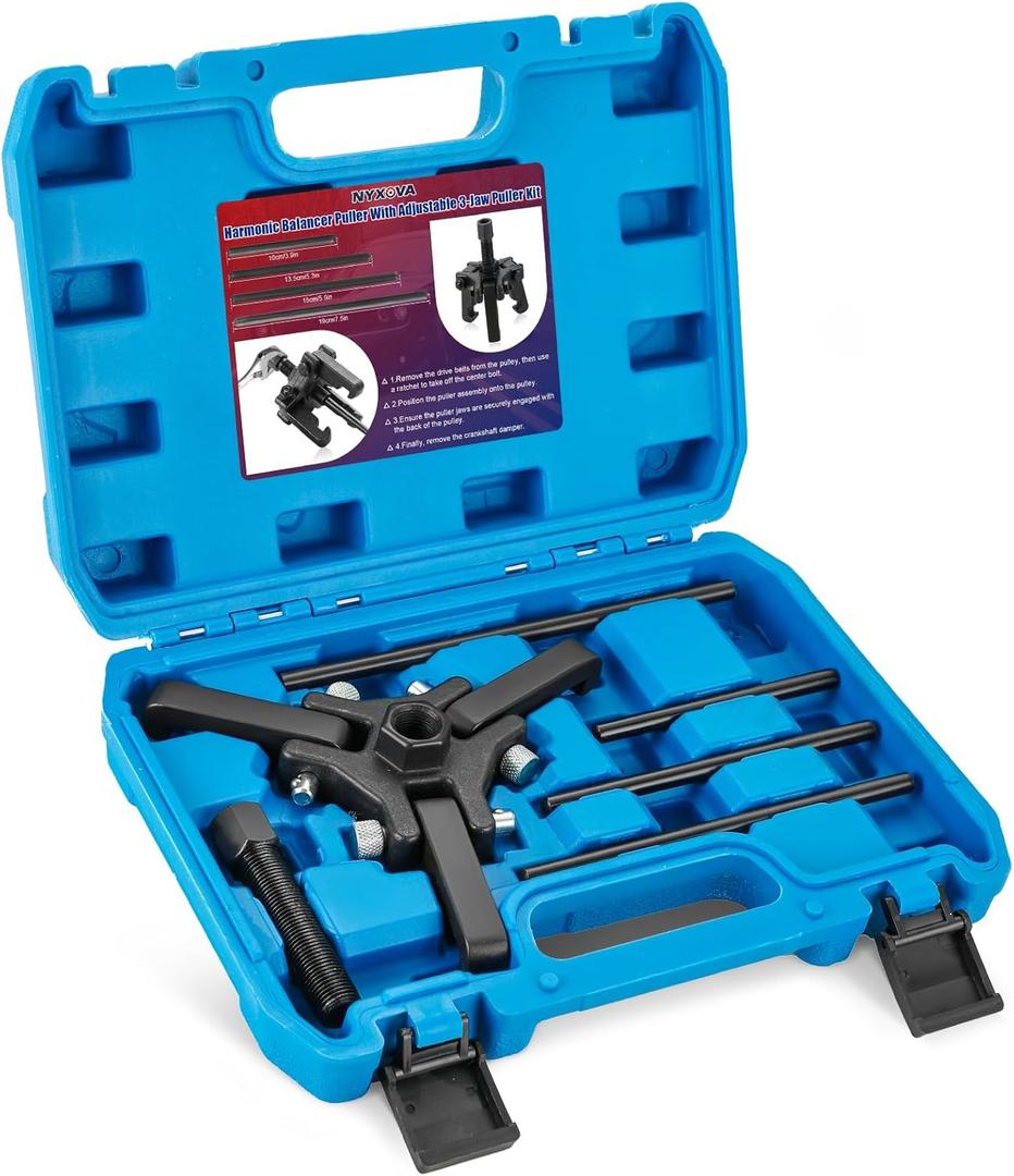Harmonic Balancer Puller Kit, Adjustable 3-Jaw Pulley Puller for Removing Harmonic Dampers & Balancers, Harmonic Damper Pulley Puller Set Compatible with Chevy GM Chrysler Cadillac Ford More