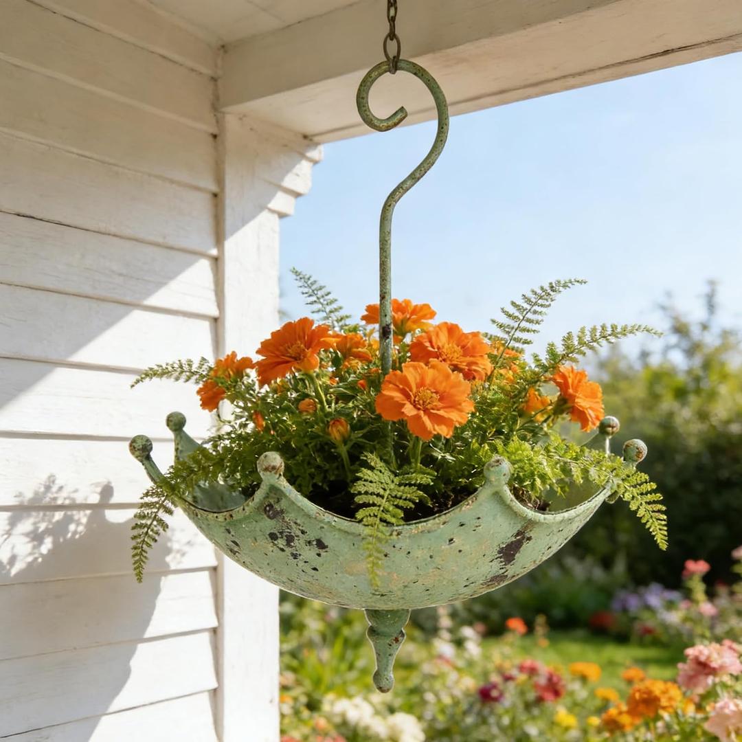 Vintage Metal Umbrella Hanging Planter Rustic Distressed Plant Holder Farmhouse Flower Pot for Indoor Outdoor Garden, Patio, Porch & Window Sill Decor (Umbrella)