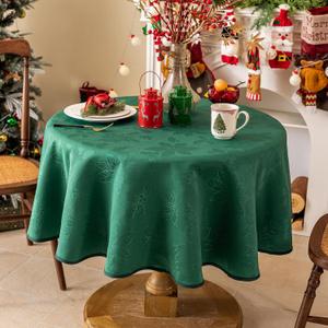 Joyfol Day Green Christmas Tablecloth, Jacquard Fabric Winter Poinsettia Round Table Cloth, Countryside Waterproof Kitchen Dining Xmas Party Table Cover (70 Inch Round)