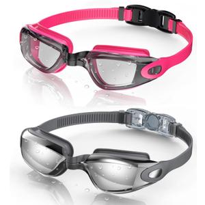 Aegend Swim Goggles, 2 Pack Swimming Goggles No Leaking Adult Men Women Youth (Raspberry-red Black & Gray Silver)