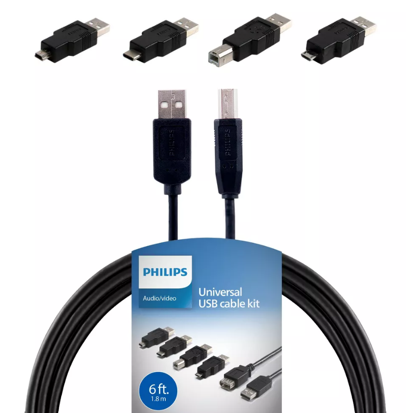 Philips 6' USB 2.0 Universal Kit with USB-C - Black: Male to Female Connection Cable