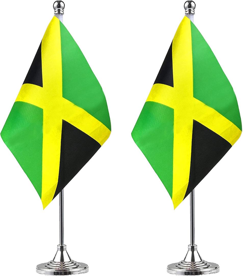 3 x WXTWK 2 Pack Jamaica Flag Jamaican Desk Flag Small Mini Jamaican Table Flags With Stand Base,Home Office Festival Events Celebration Decorations