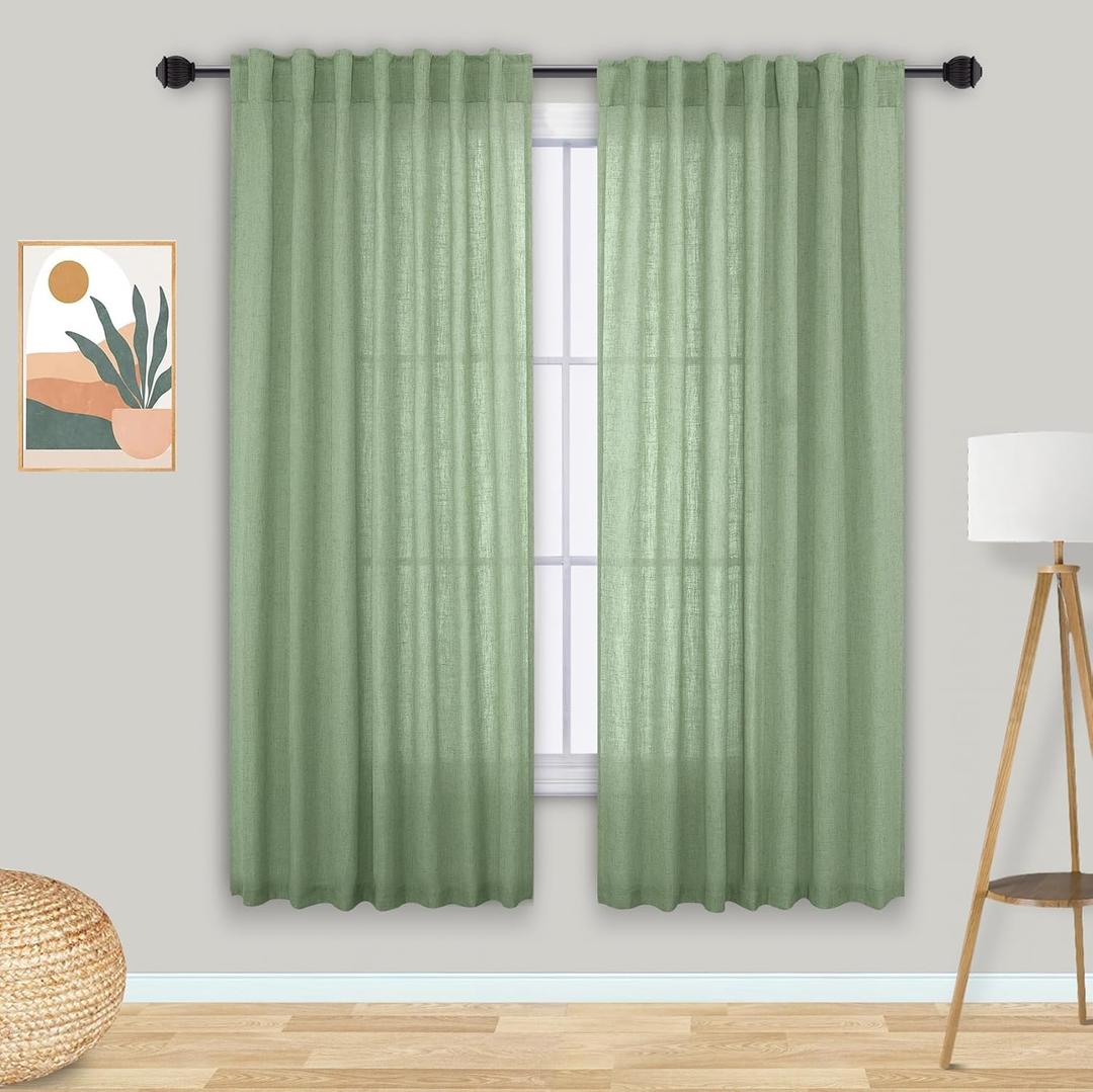 Mrs.Naturall Sage Green Sheer Curtains 63 Inch Length,Pastel Cottagecore Cottage Core Curtains for Bedroom Living Room (52"W x 63"L (Pack of 2))