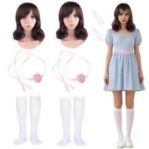 10pcs Women Twins Costume Accessory Set Blue Horror Creepy Sister Wig Sock Pink Sash Side Clip Halloween Cosplay Party
