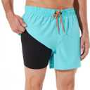 BRISIRA Mens Swim Trunks Swim Shorts Quick Dry 5 inch Inseam Beach Shorts with Compression Liner and Zipper Pocket (32, Lightblue)