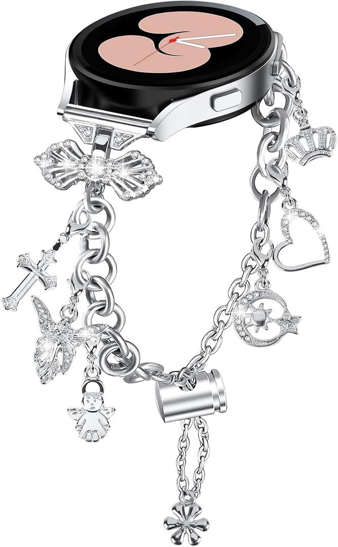 Bling Bands Compatible for Samsung Galaxy Watch 7/FE/6/5/4 40mm 44mm, 5 Pro, Watch 6/4 Classic 43mm 47mm 42mm 46mm, 20mm Metal Diamond Jewelry Strap, Charms Adjustable Bracelet for Women (Silver)