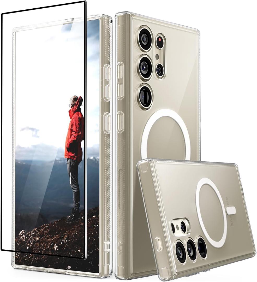 CaseBorne Slim Series Compatible with Samsung Galaxy S24 Ultra Case - [3-in-1 Combo] [Ultra Clear Hybrid Magnetic Cover] with Tempered Glass Screen Protector