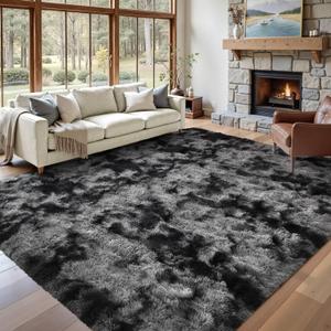 Area Rugs for Living Room 8x10 Black Grey Fluffy Rug,Super Fuzzy Fur Bedroom Carpet for Boys Dorm Office Nursery Modern Home Decor