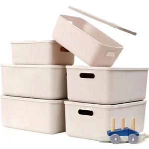 Ytteve 6 Pack Light Grey Stackable Plastic Storage Bins with Lids & Handles, Durable - 4 Large (14.4"x10.2"x6.3") & 2 Medium (11.8"x8"x4.7"), Multi-size for Closet, Shelves, Drawers, Home & Office
