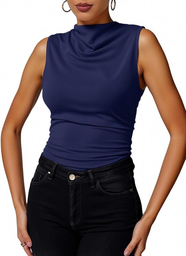 Women's Summer Ruched Mock Neck Top Dressy Casual Draped Sleeveless Work Tank Tops (L)