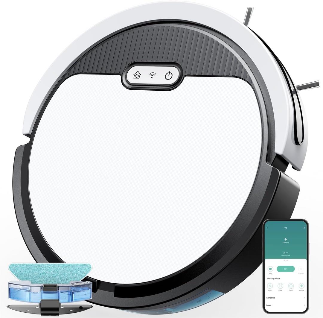 Dyrabitick V3 Robot Vacuum and Mop, 3 in 1 Combo Cleaner for Home with Pet Hair and Hard Floor, 5000Pa Suction, Self-Charging, 120 Mins Run Time,Super Thin Body & Large Dust Box,App + Alexa (Whiteblack)