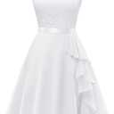 BeryLove Women's Cocktail Dresses Prom Wedding Guest Short Bridesmaid Dresses Ruffle Hem Sleeveless Lace Formal Dress 52 White XS