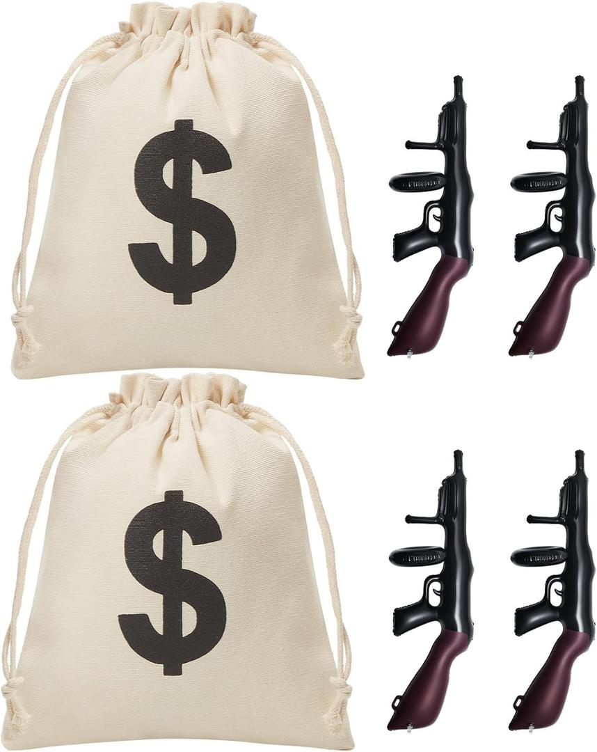 Zhanmai 6 Pcs Inflatable Gun Props Canvas Money Bag Pouch Set 1920s Party Decorations Money Bag with Drawstring Closure Party Prop Guns, Gangster Favors 20s Cosplay Theme Birthday Decoration