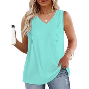 DOLNINE Plus-Size-Womens-Tank-Tops Summer V Neck Sleeveless Shirts Cute Flowy Pleated Blouses Casual Loose Fit Tunics XL