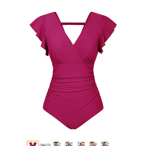 GRACE KARIN Women's One Piece Swimsuit Tummy Control Swimsuits V Neck Wrap Bathing Suits Ruched Ruffle Swimwear Wine Red S