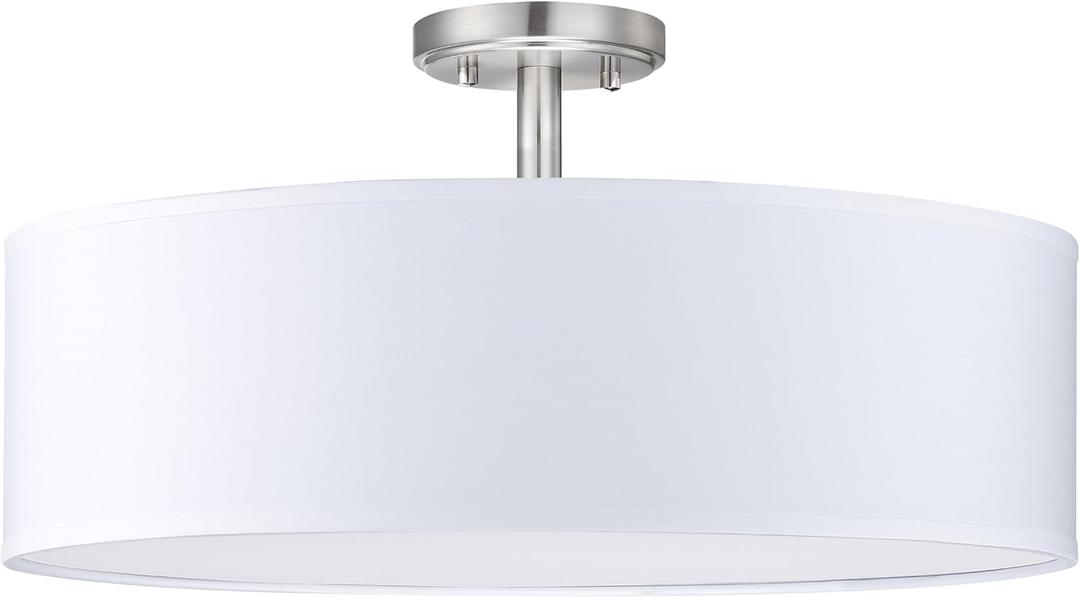 Fabric Drum Shade semi Flush Mount Ceiling Light PS Diffuser,Off White Fabric Chandeliers Shade for Bar, Dining Room, Corridor,Living Room (Brushed Nickel, 20")