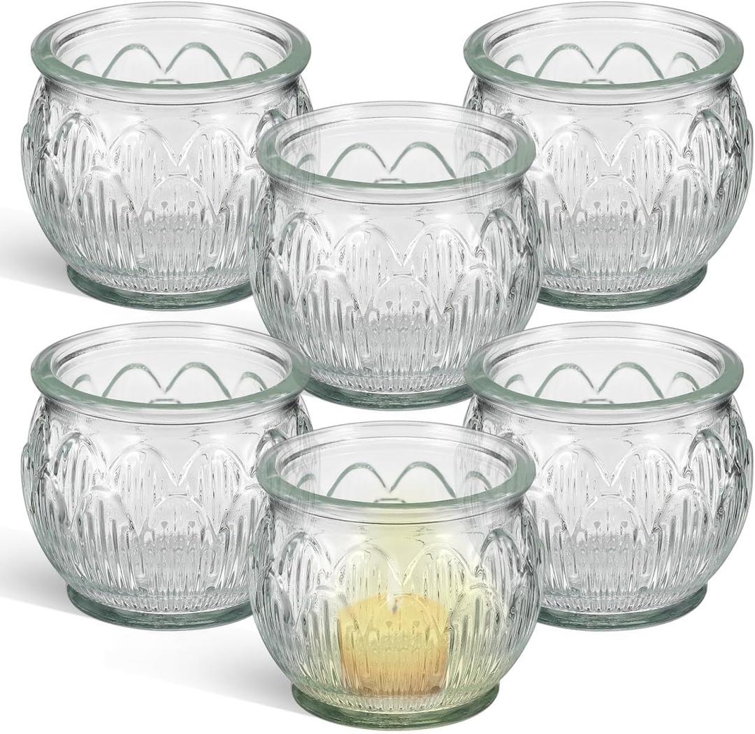 GLEAVI Glass Votive Candle Holders Set of 6, Clear Lotus Tealight Candle Holder Centerpieces, Thick Heavy Base Flower Candlestick for Wedding Reception Party Home Decor Table