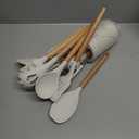 MIBOTE Silicone Cooking Kitchen Utensils Set with Holder, Wooden Handles BPA Free Non Toxic Silicone Turner Tongs Spatula Spoon Kitchen Gadgets Utensil Set for Nonstick Cookware (Khaki)