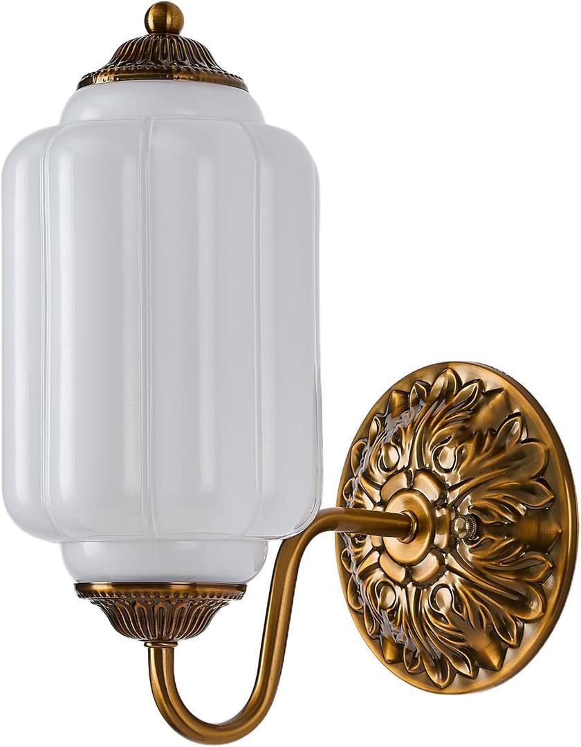 Vintage Brass Wall Sconce Light Fixture with Milk White Glass Shade, Retro Glass Wall Lamp, Indoor Wall Light for Bedroom, Living Room, Hallway