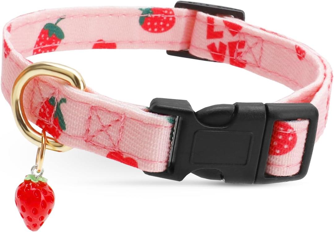 Cute Cotton Dog Collar for Dogs Special Design with Cute Pink Strawberries Pendant Necklace for Girl Boy Male Female Dogs Pet Collar Soft Fabric Adjustable Puppy Collars Red - L