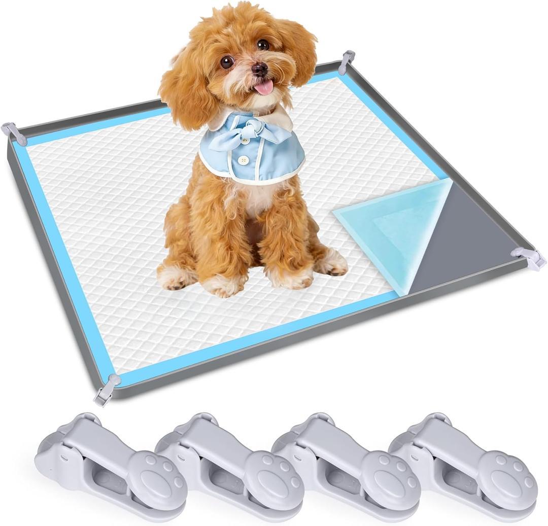 Dog Pee Pad Holder, Dog Potty Tray Silicone Puppy Pad Holder Tray Fits for 24" x 24" Training Pads, Puppy Potty Tray With 4 Clamps No Spill Raised Lip High Edge for Indoor Floor Protection (Dark Grey)