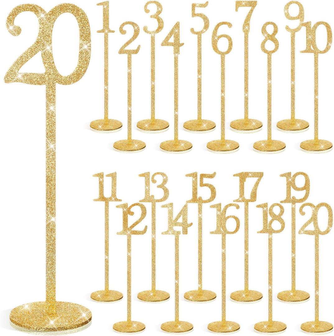 Chunful 20 Pcs Glitter Table Numbers 1-20 Wooden Wedding Table Numbers for Wedding Reception, Banquet, Catering Events, with Holder Base(Gold)